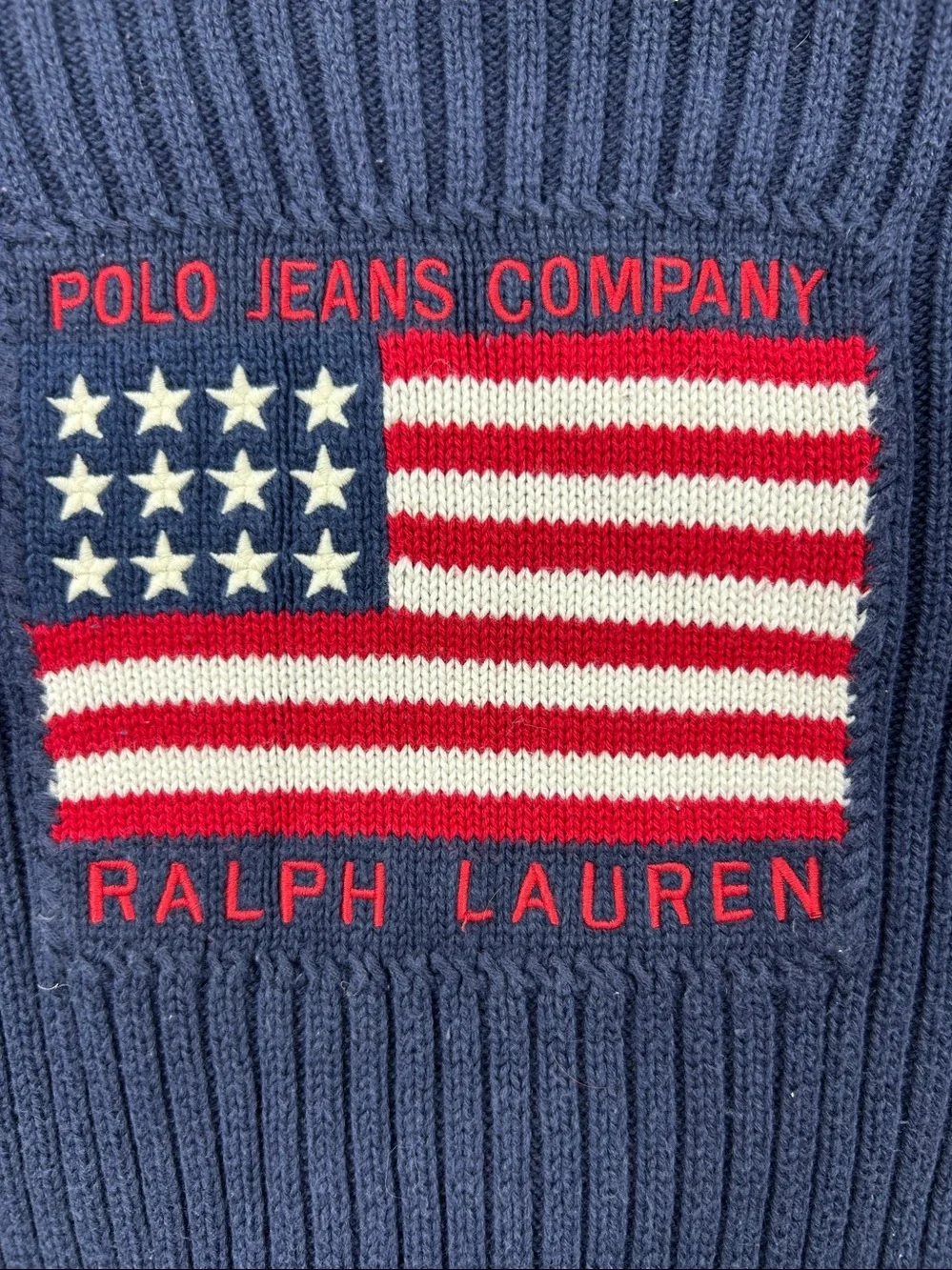 Vintage Polo Ralph Lauren Navy Blue Ribbed Sweater Flag Pullover Red Trim Size L